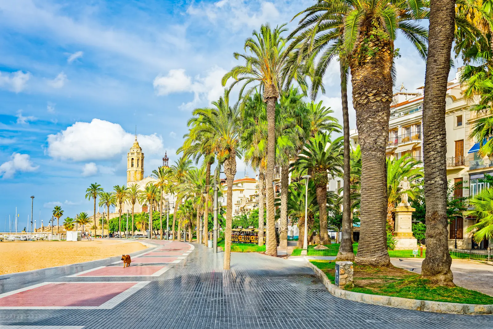 The elegant beachfront promenade of Sitges stretching along the Mediterranean, with soft golden sand, palm trees, and the relaxed rhythm of one of Catalonia's most beloved seaside towns