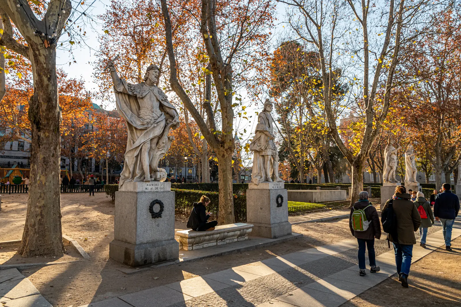 Visigothic and medieval king statues lining Plaza de Oriente in Madrid originally carved for the palace roofline