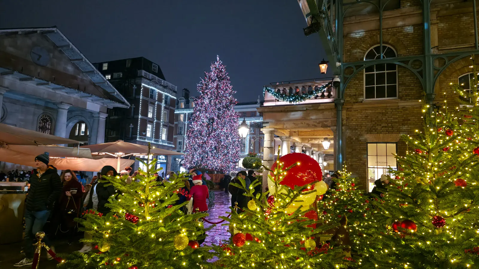 Covent Garden Piazza at night during the Christmas season in London, with the giant illuminated Christmas tree, surrounding lit evergreens, red baubles, and crowds beneath the historic market portico