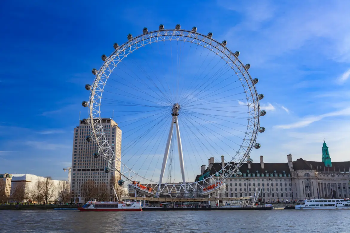 Frontal view of the London Eye observation wheel from across the River Thames in London with County Hall on the right, Shell Centre tower on the left, and river boats moored along the South Bank under a blue sky