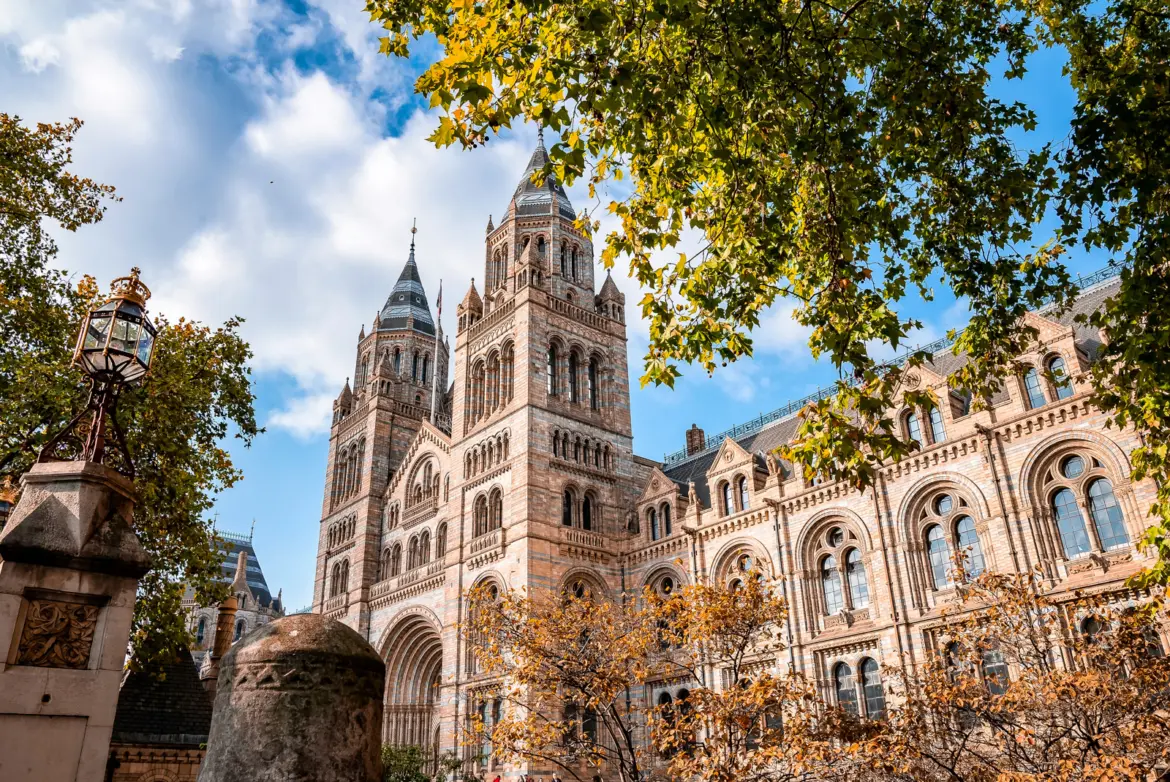 The Natural History Museum in London viewed from the Cromwell Road forecourt, with autumn leaves framing the twin towers and Romanesque-revival terracotta façade, an ornate Victorian lamppost in the foreground and blue sky above