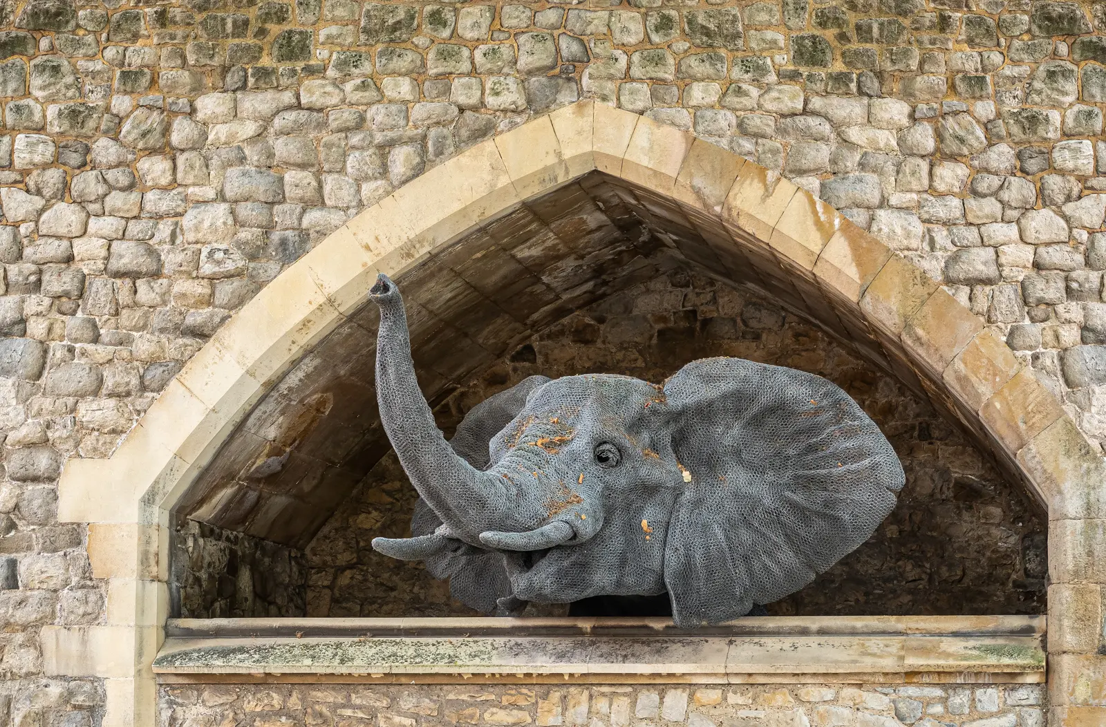 The elephant is one of thirteen wire-mesh animals by British artist Kendra Haste, commissioned by Historic Royal Palaces in 2010 for the permanent Royal Beasts installation. Each is built around a steel armature with layered galvanised mesh