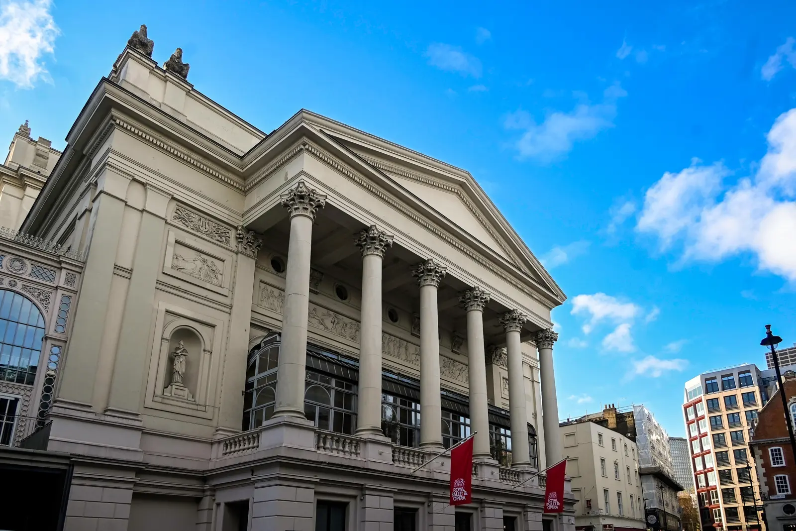 The elegant façade of the Royal Opera House in Covent Garden, one of Europe's most prestigious performing arts venues and a central part of London's historic theatre district