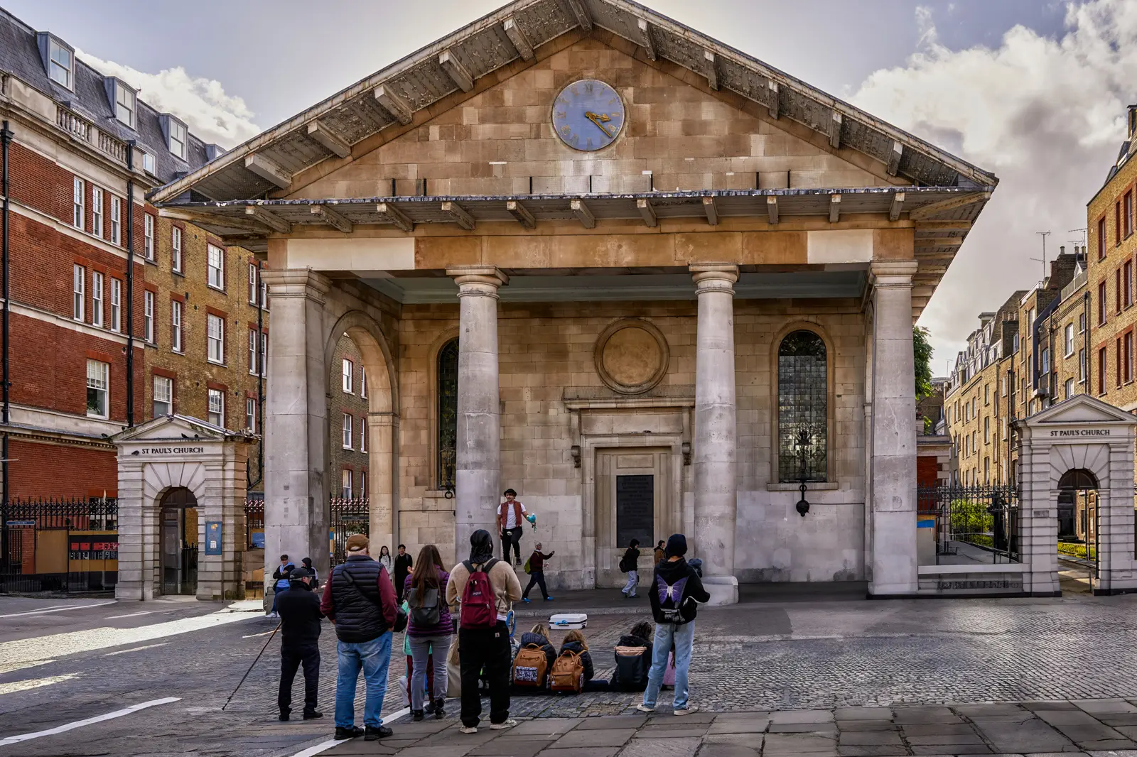 St Paul's Church, Covent Garden overlooking the historic piazza of Covent Garden in London. Designed by Inigo Jones in 1630, the church is regarded as one of England's earliest examples of classical architecture