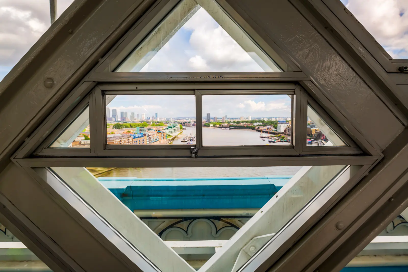 View from the elevated upper walkway of Tower Bridge overlooking the River Thames and the surrounding London skyline in London