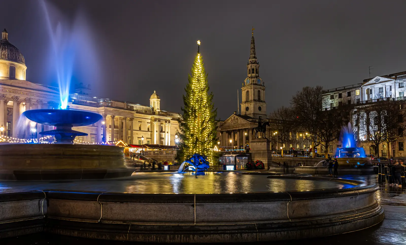 The Norwegian Christmas tree in Trafalgar Square illuminated at night with vertical strings of warm white lights and a star at the top, with the floodlit National Gallery on the left, the spire of St Martin-in-the-Fields to the right of the tree, and the two Lutyens fountains glowing blue and gold in the foreground