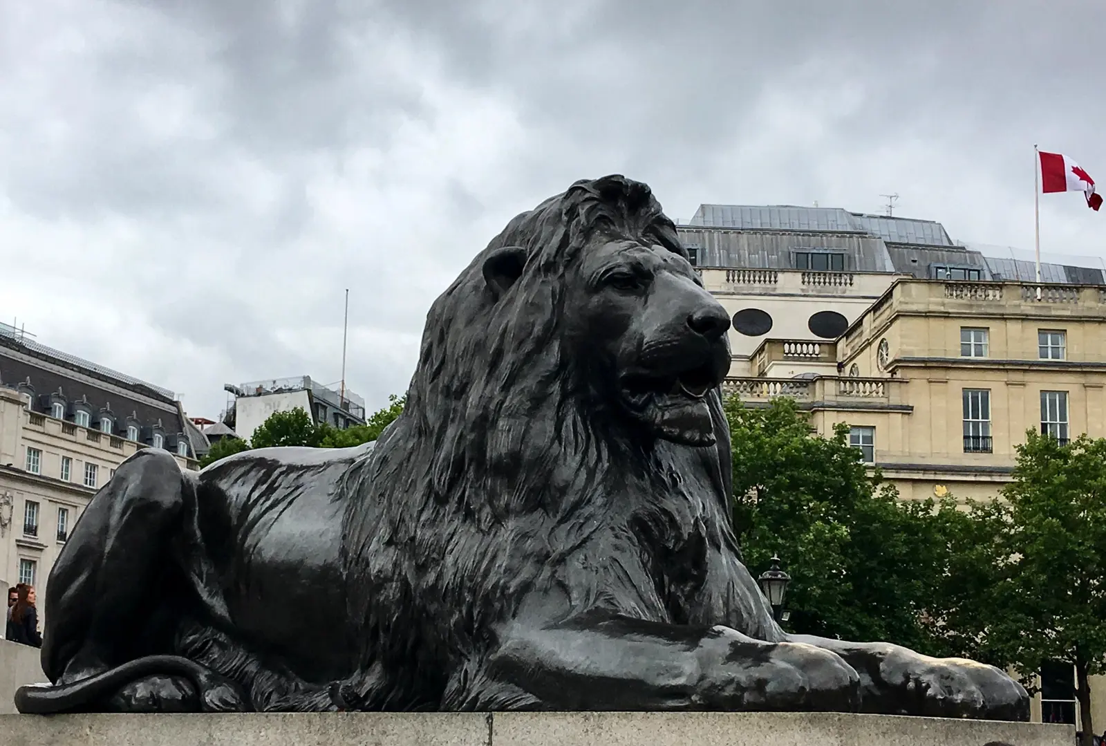One of the four bronze recumbent lions at the base of Nelson's Column in Trafalgar Square, sculpted by Sir Edwin Landseer in 1858–1866 and cast by Baron Carlo Marochetti, photographed in profile with mane flowing and mouth slightly open, with the Palladian façade of Canada House and a Canadian flag visible in the background