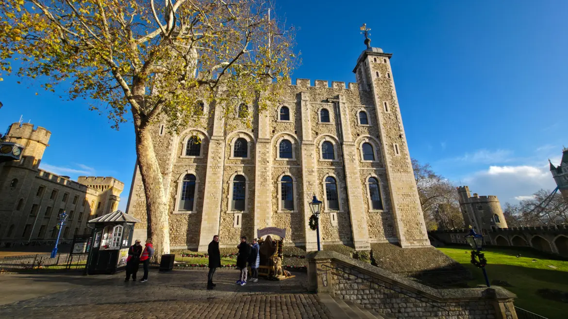 The imposing White Tower rising within the grounds of the Tower of London in London. Built shortly after the Norman Conquest, the White Tower became one of the most powerful symbols of royal authority in medieval England