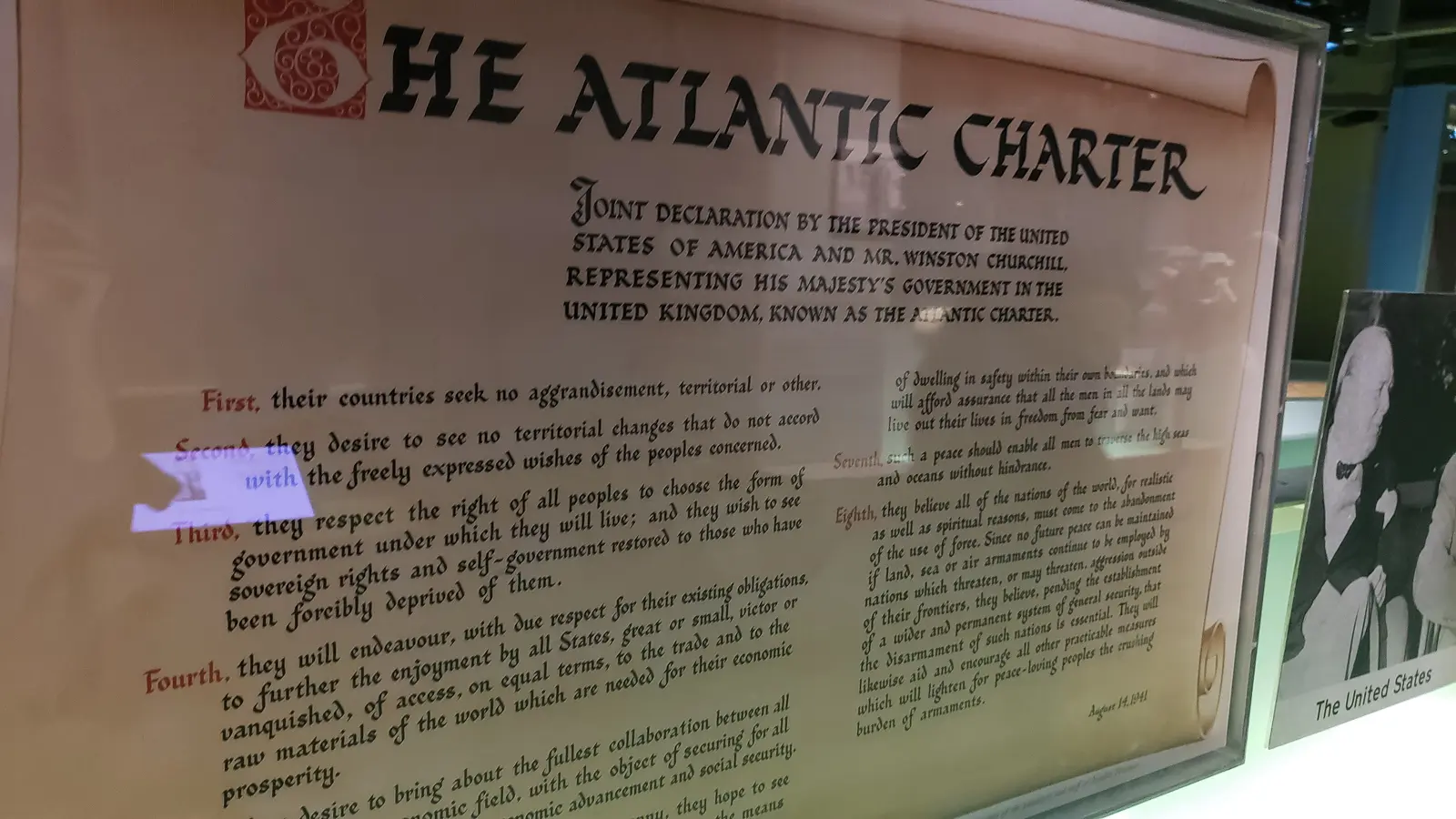 A display of the Atlantic Charter at the Churchill War Rooms, London, the 1941 joint declaration by Churchill and Roosevelt