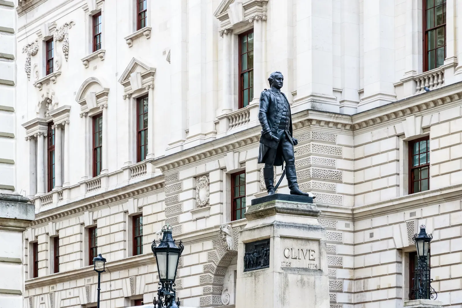 The statue of Robert Clive on Clive Steps, by King Charles Street, London, near the entrance to the Churchill War Rooms