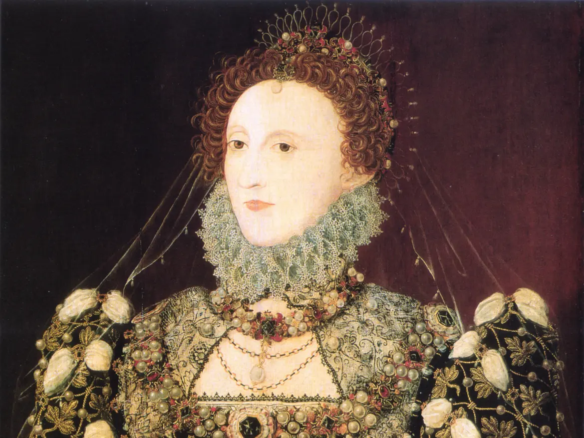 The Phoenix Portrait of Elizabeth I, c.1575, the queen in a jewelled black gown and lace ruff holding a red Tudor rose, a phoenix jewel at her breast