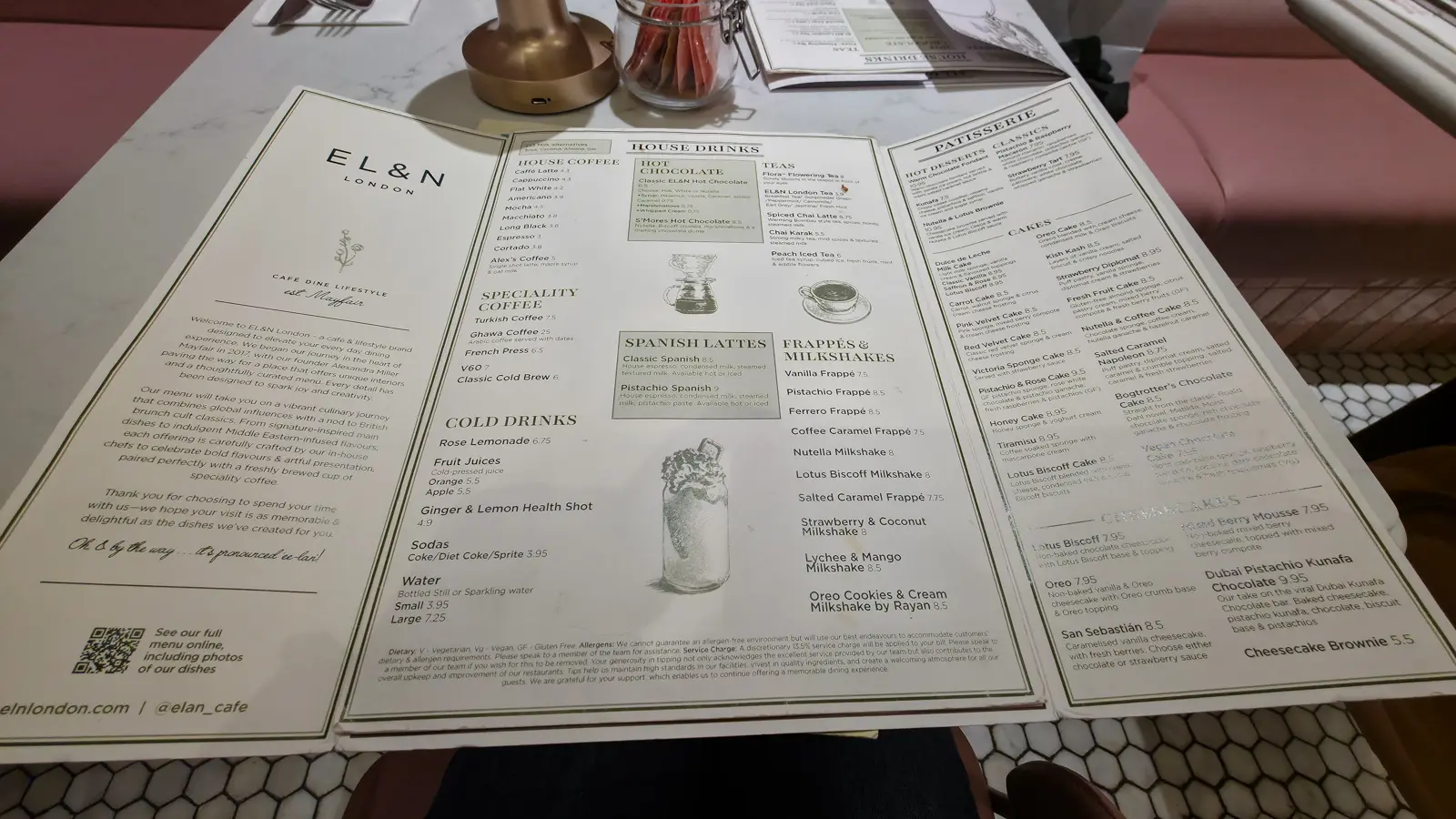 EL&N London menu showing house coffee, Spanish lattes, teas and a long patisserie and cakes list