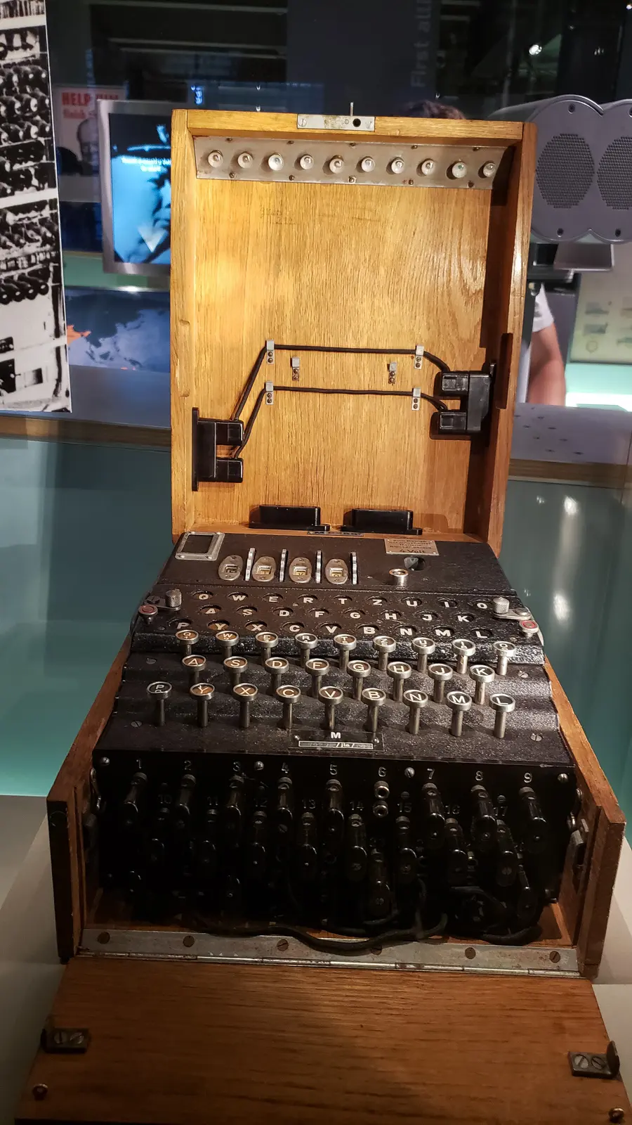A German Enigma cipher machine on display at the Churchill War Rooms, London