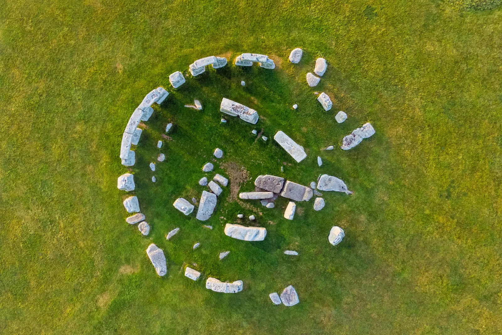 Stonehenge from directly above, Wiltshire, showing the broken ring of standing and fallen stones around the central horseshoe