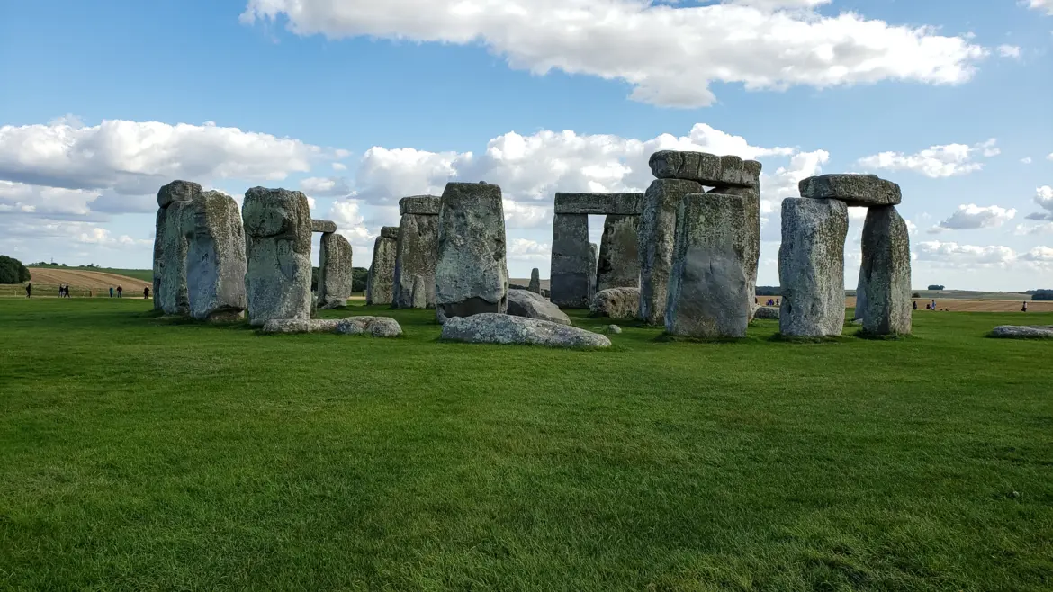 Stonehenge on Salisbury Plain, Wiltshire, the great sarsen stones and trilithons standing under a wide English sky