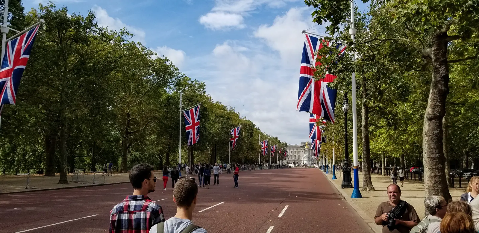 The Mall looking toward Buckingham Palace, Union flags hanging from the lampposts, visitors gathering