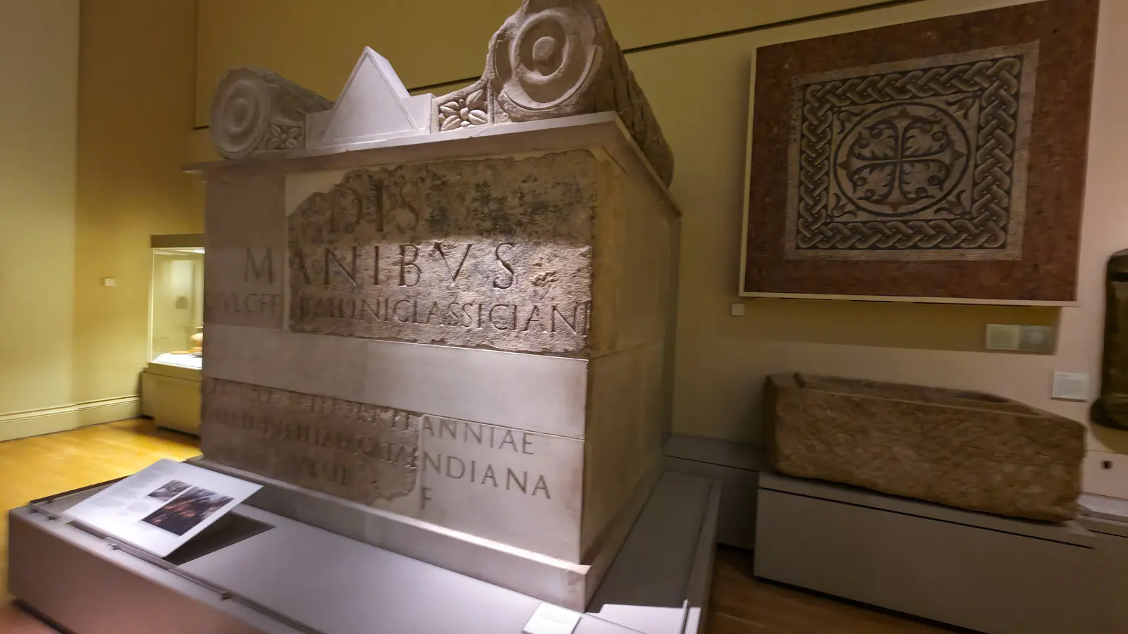 The reconstructed Roman tomb of Classicianus at the British Museum, its inscription beginning DIS MANIBVS