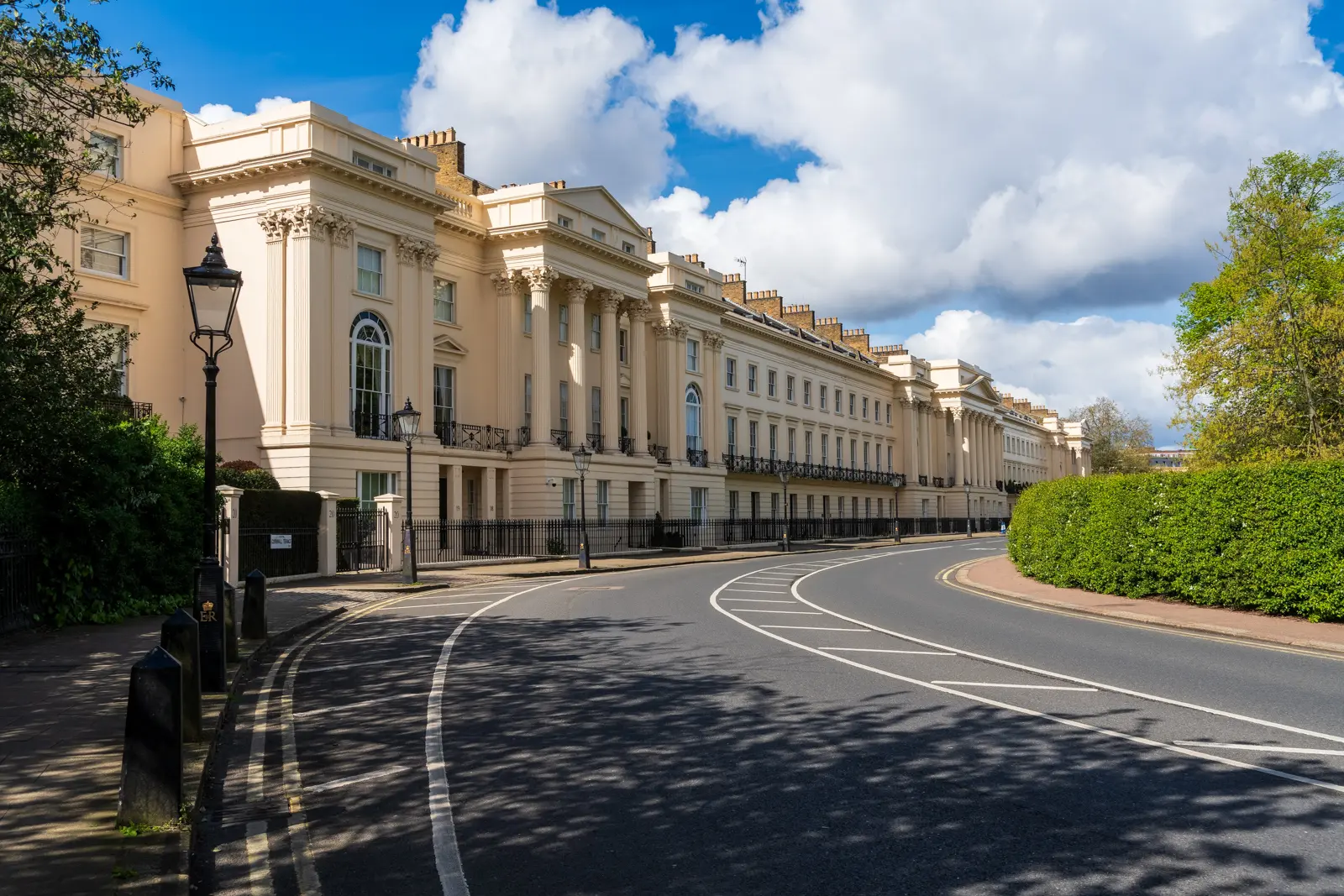 Cornwall Terrace, a cream stuccoed Nash terrace with Corinthian columns, overlooking Regent's Park