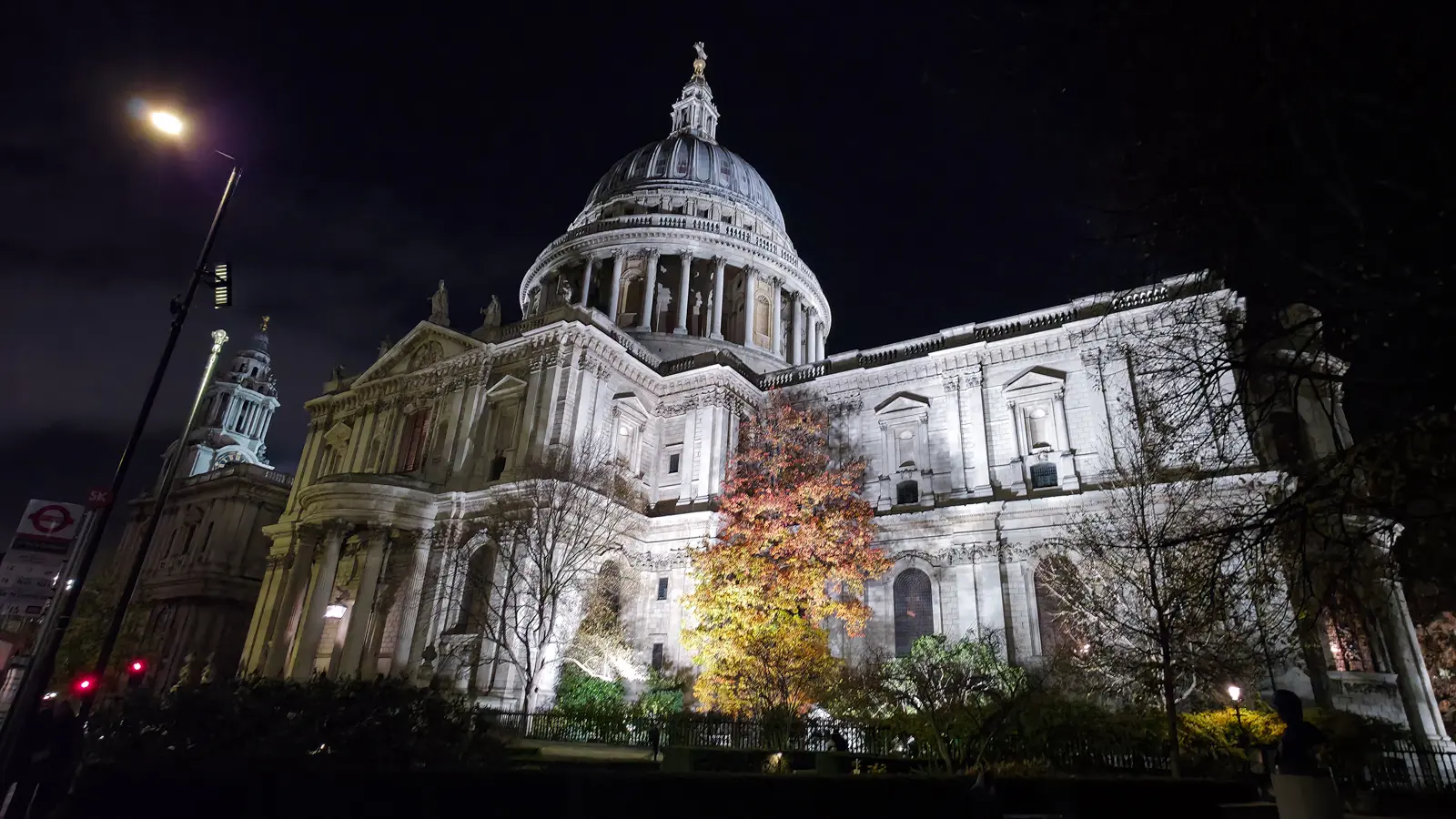 St Paul's Cathedral floodlit at night, Sir Christopher Wren's great dome rising over the City of London.