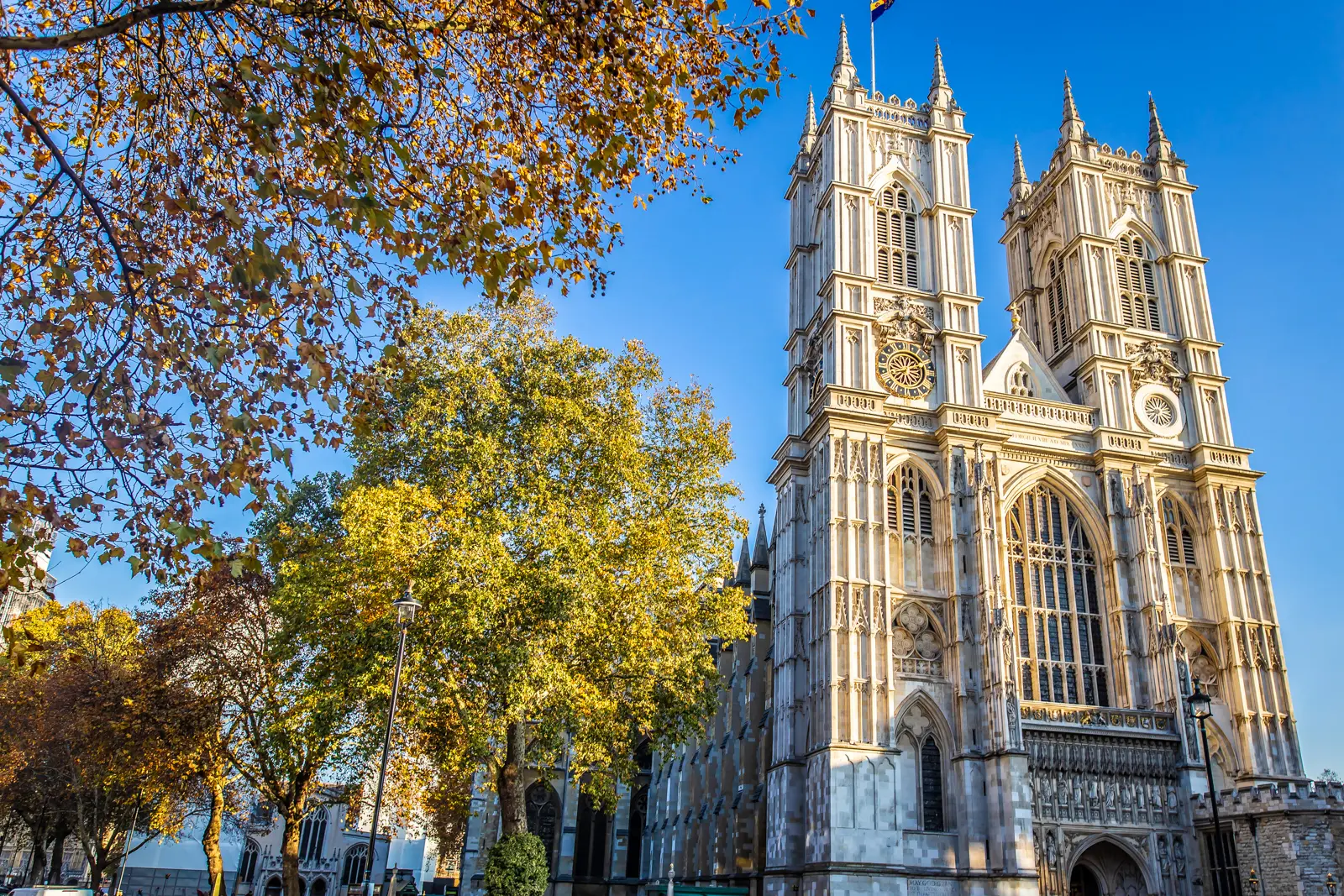 Westminster Abbey's western towers in autumn light, the Gothic coronation church in Westminster, London.