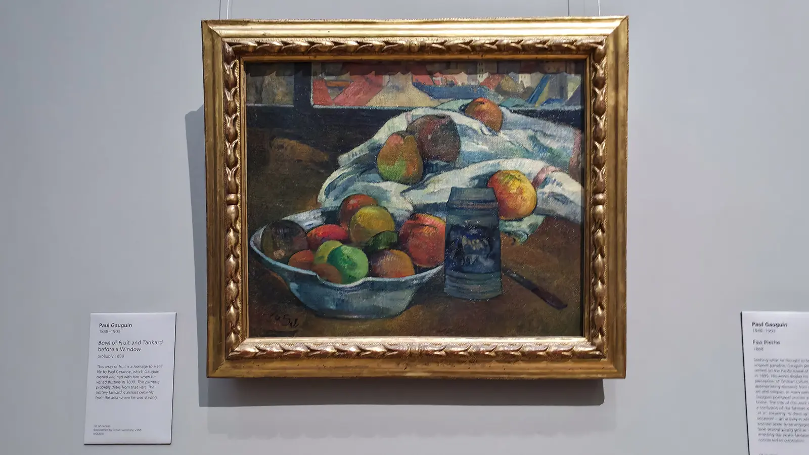 Gauguin's Bowl of Fruit and Tankard before a Window, fruit in a pale bowl beside a stoneware tankard