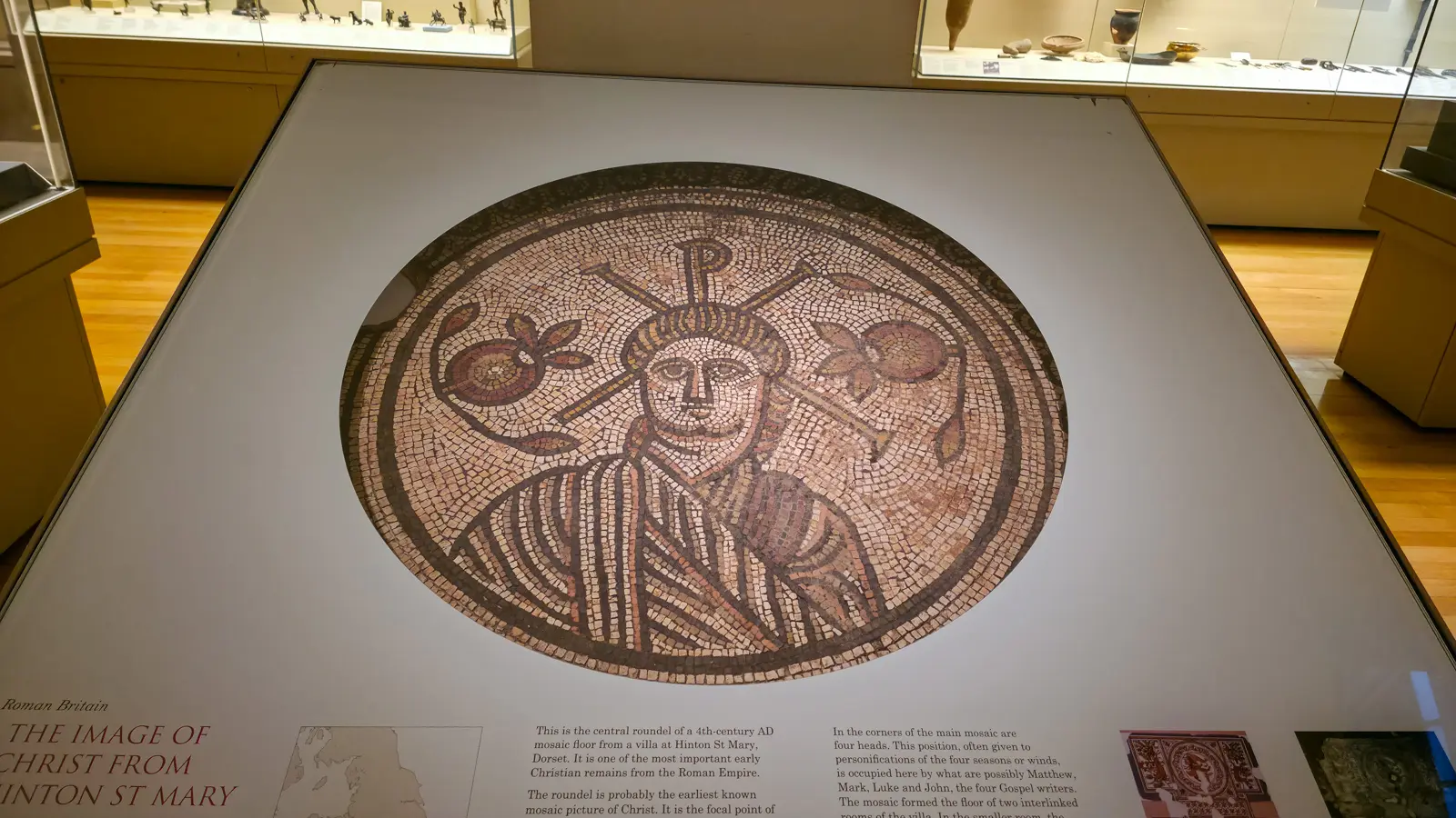 The central roundel of the Hinton St Mary mosaic at the British Museum, a bust with a Chi-Rho monogram behind the head