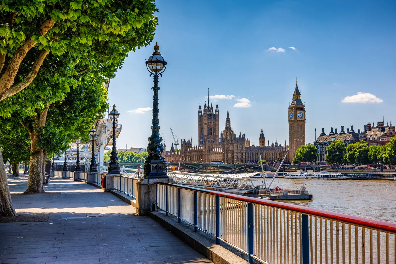 The Houses of Parliament and Big Ben across the Thames from the South Bank on a summer day, London