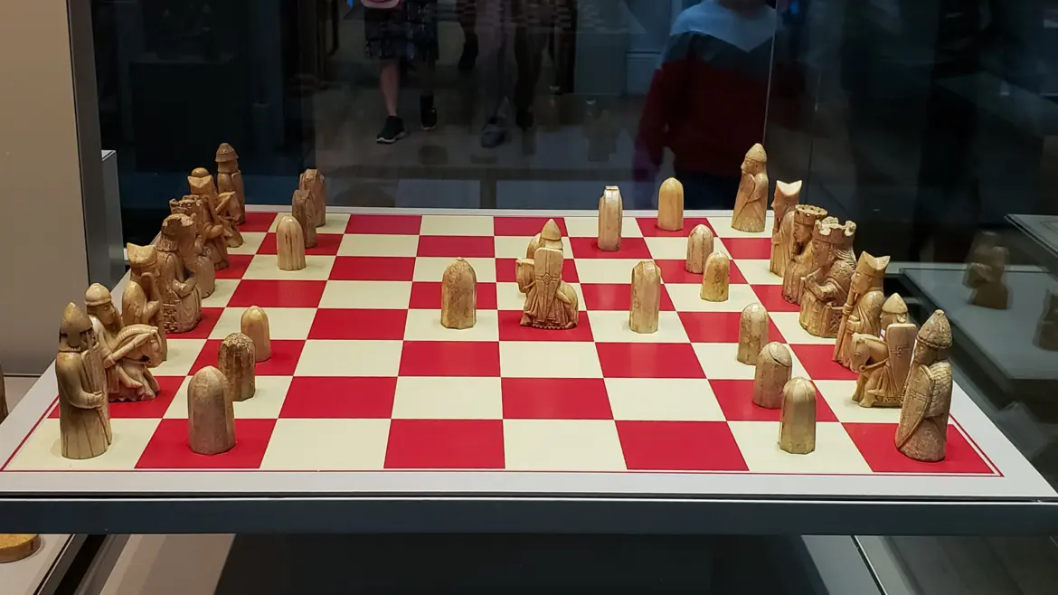 The Lewis Chessmen set out for play on a red and cream board, British Museum, London