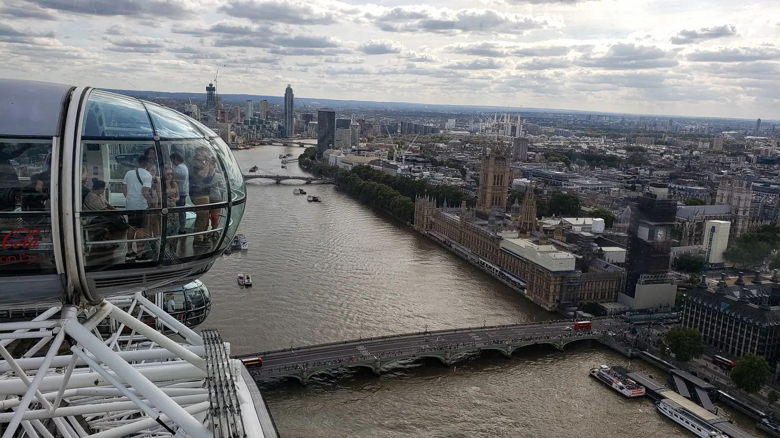 The view from a London Eye capsule looking down over Westminster Bridge, the Thames and the Houses of Parliament