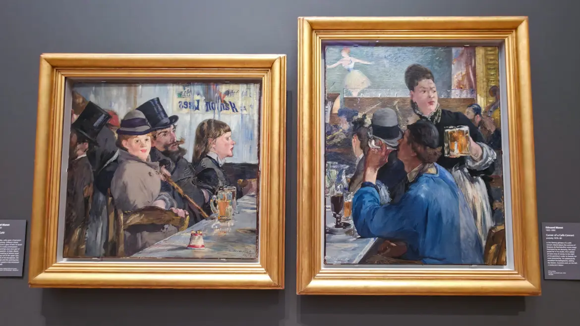 Manet's At the Café and Corner of a Café-Concert, two halves of one cut canvas, reunited at the National Gallery, London