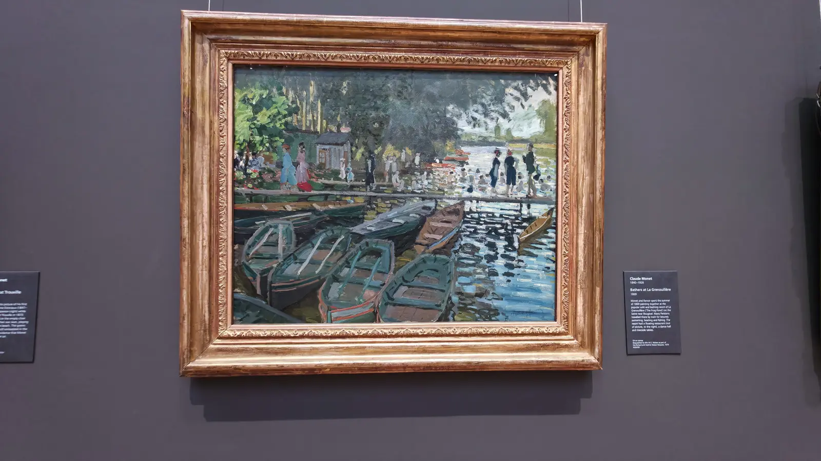 Monet's Bathers at La Grenouillère, dappled water and boats at a riverside resort, National Gallery, London