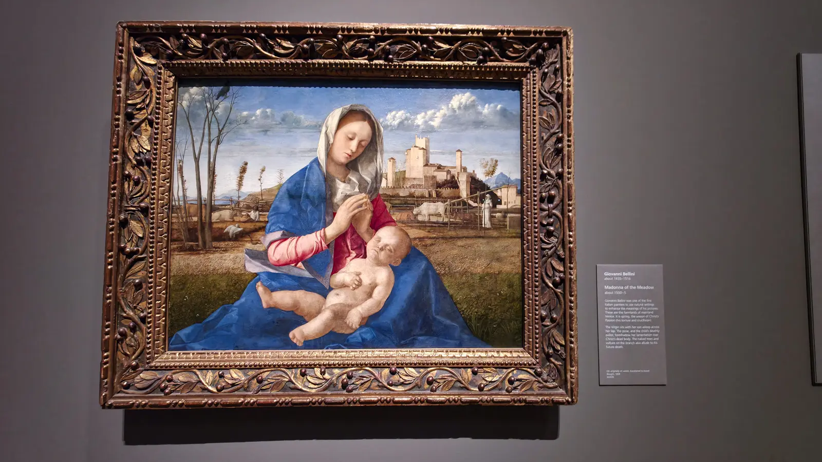 Giovanni Bellini's Madonna of the Meadow at the National Gallery, London, the Virgin in blue with the Christ Child asleep across her lap in a spring meadow, a castle behind.