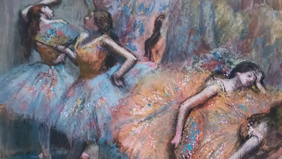 Degas's pastel Ballet Dancers, five performers resting in orange and turquoise tutus, National Gallery, London