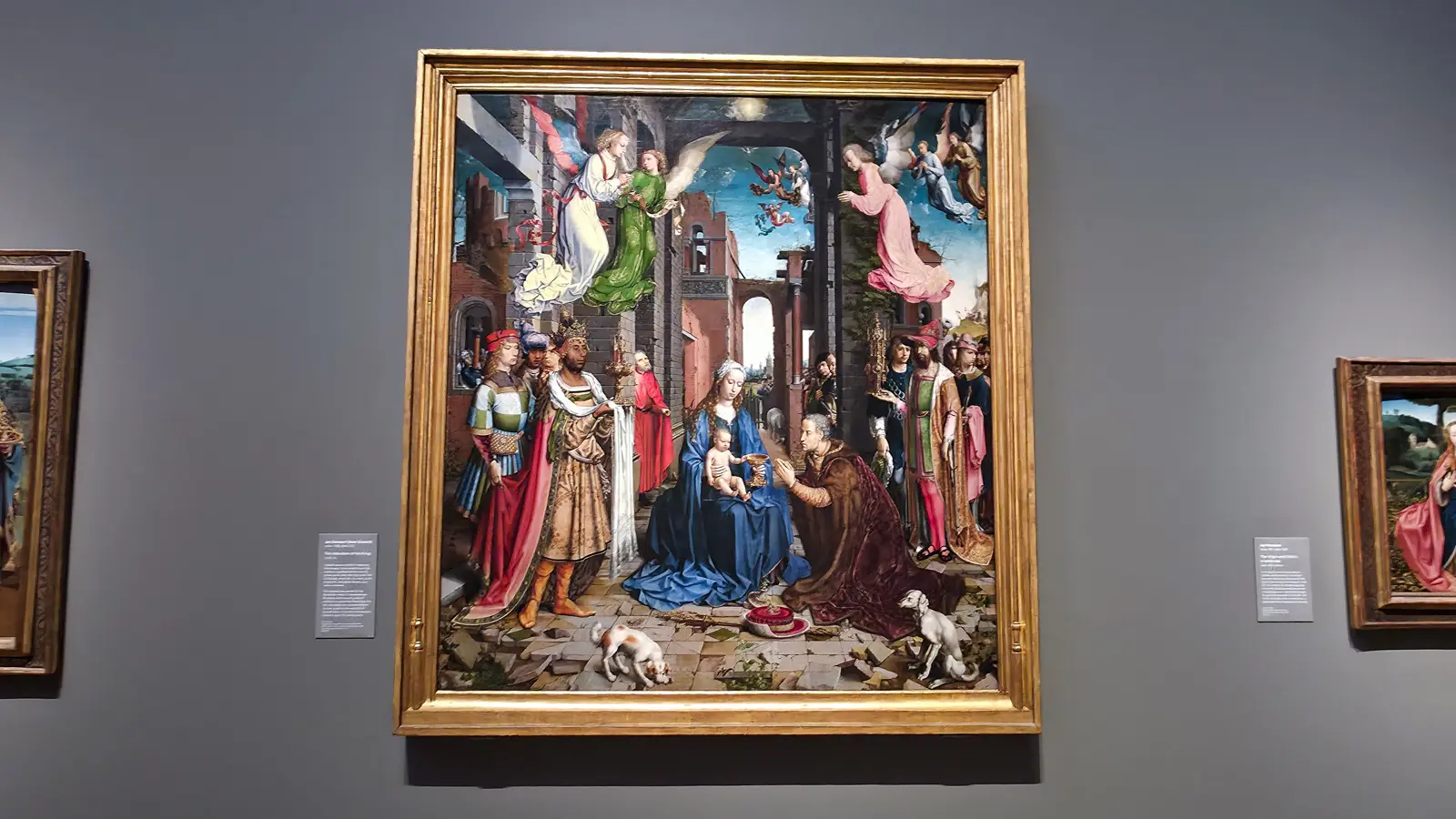 The Adoration of the Kings by Jan Gossaert, three kings and a crowded retinue worshipping among classical ruins, National Gallery, London.