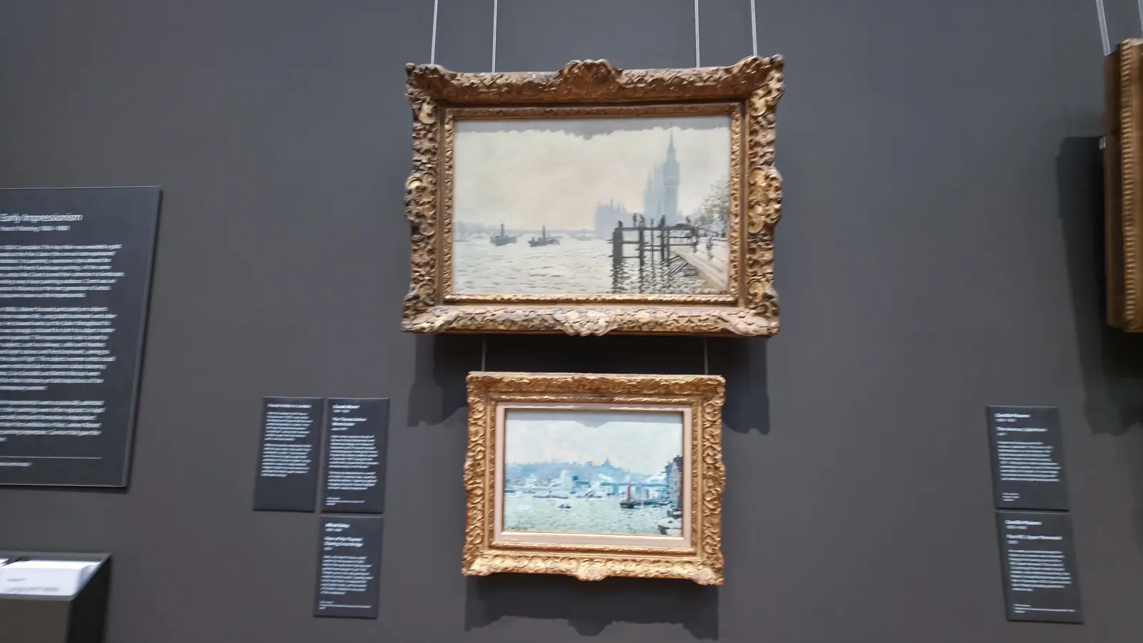 Monet's The Thames below Westminster hung above Sisley's View of the Thames: Charing Cross Bridge, National Gallery, London