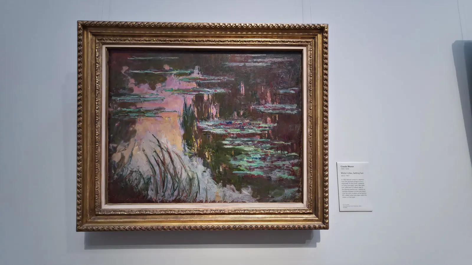 Monet's painting Water-Lilies, Setting Sun, lilies and warm reflections on dark water, at the National Gallery, London