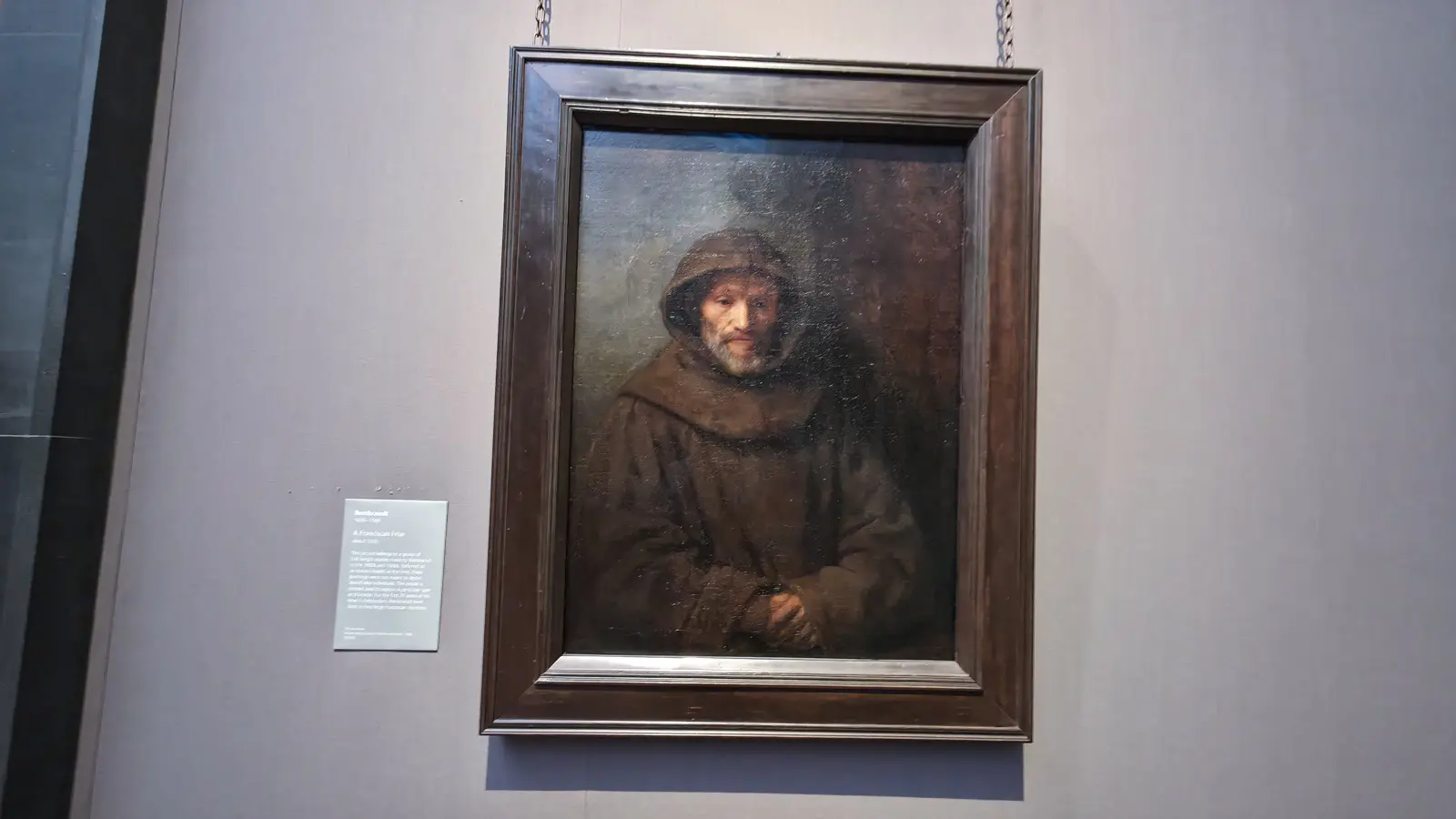 A Franciscan Friar by Rembrandt, an old man in a brown hooded habit, eyes lowered in thought, National Gallery, London.