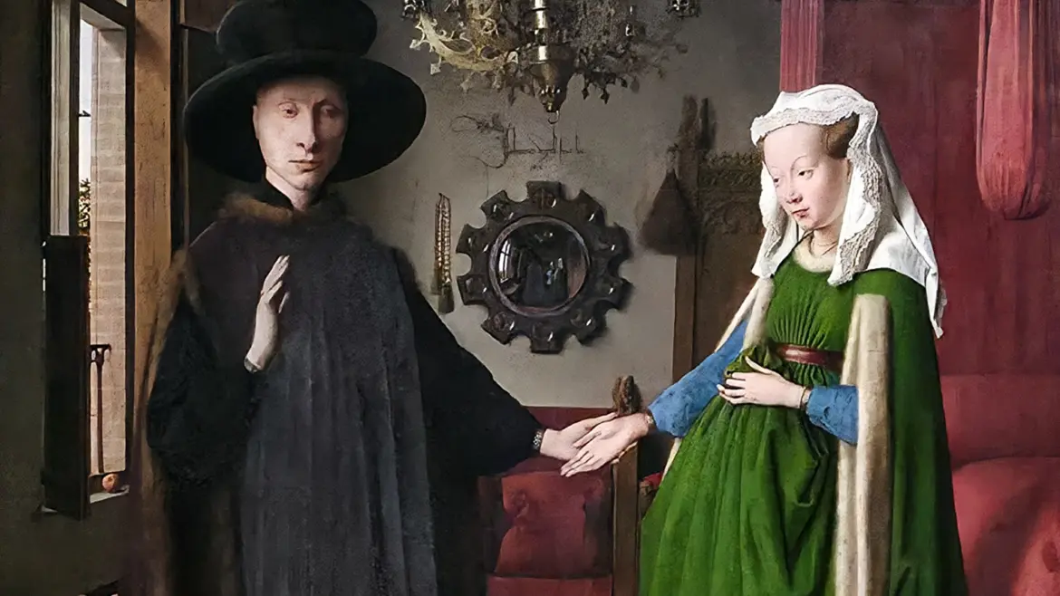 The Arnolfini Portrait by Jan van Eyck: a richly dressed couple in a Bruges chamber, a convex mirror behind them, National Gallery, London.