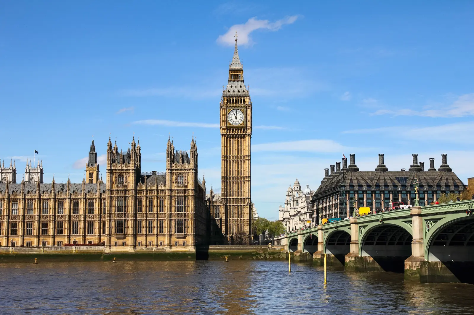 The Palace of Westminster and Big Ben seen from across the Thames by Westminster Bridge, London