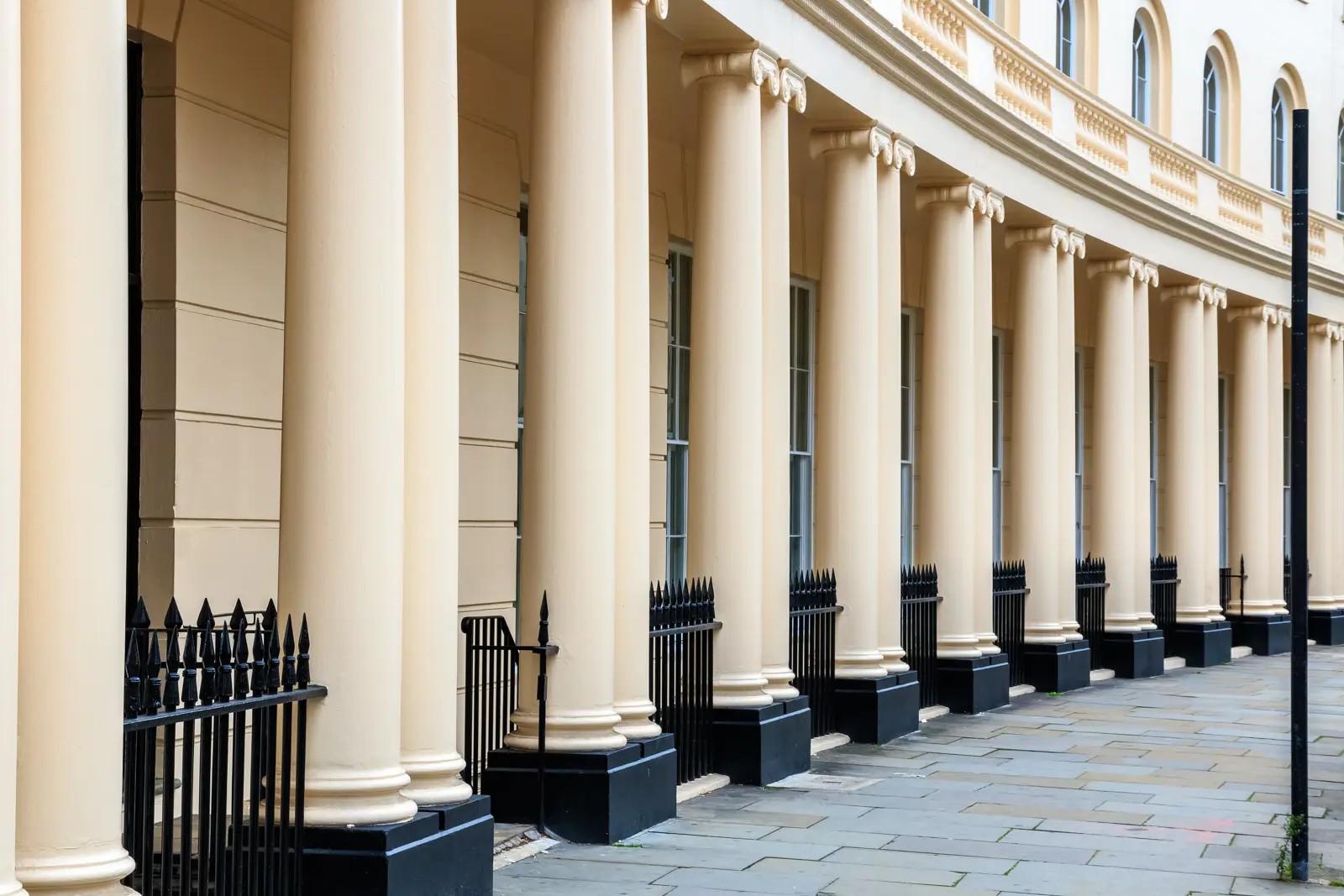 The curved colonnade of Park Crescent, John Nash's stuccoed semicircle near Regent's Park