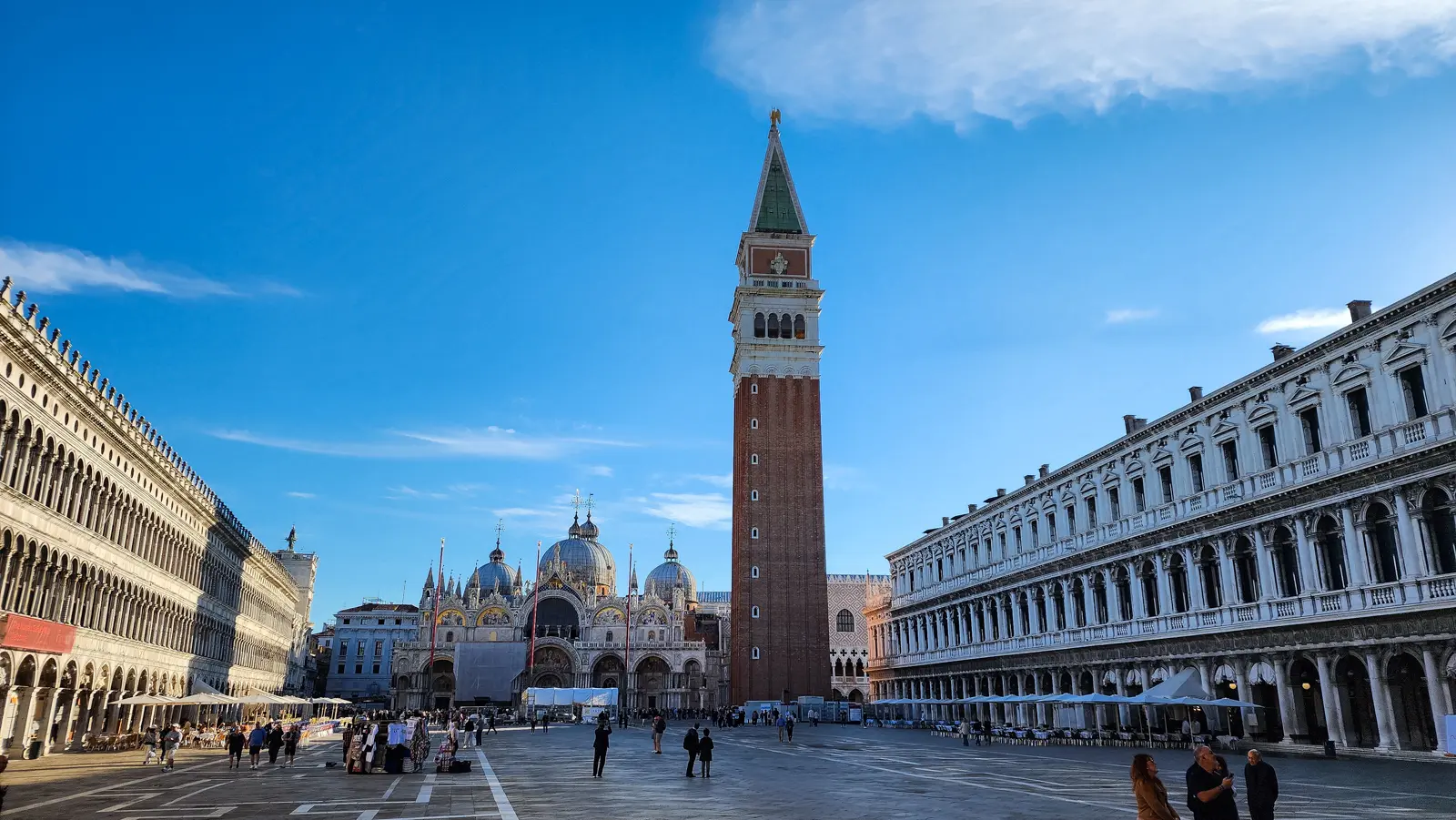Piazza San Marco in morning light, the Campanile, Basilica San Marco and the arcaded Procuratie, Venice