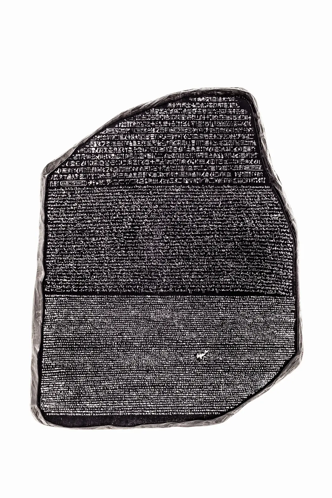 A reproduction of the Rosetta Stone showing the three bands of text: hieroglyphs at the top, Demotic across the middle, Greek along the bottom