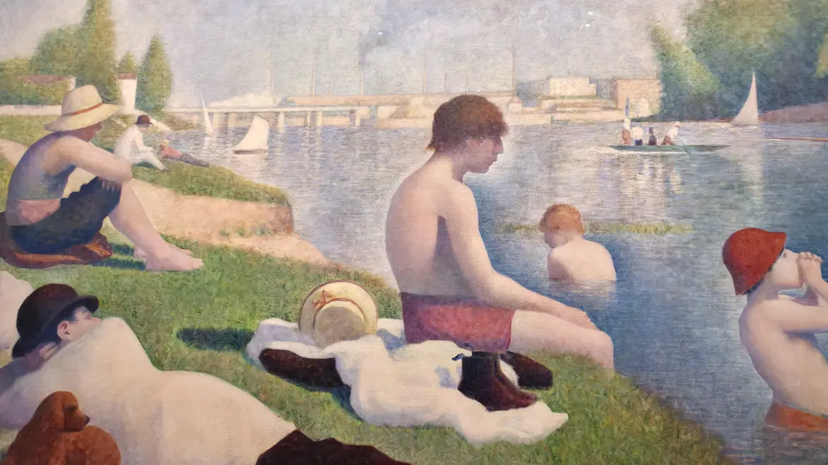 Seurat's painting of the Bathers at Asnières in the National Gallery, London