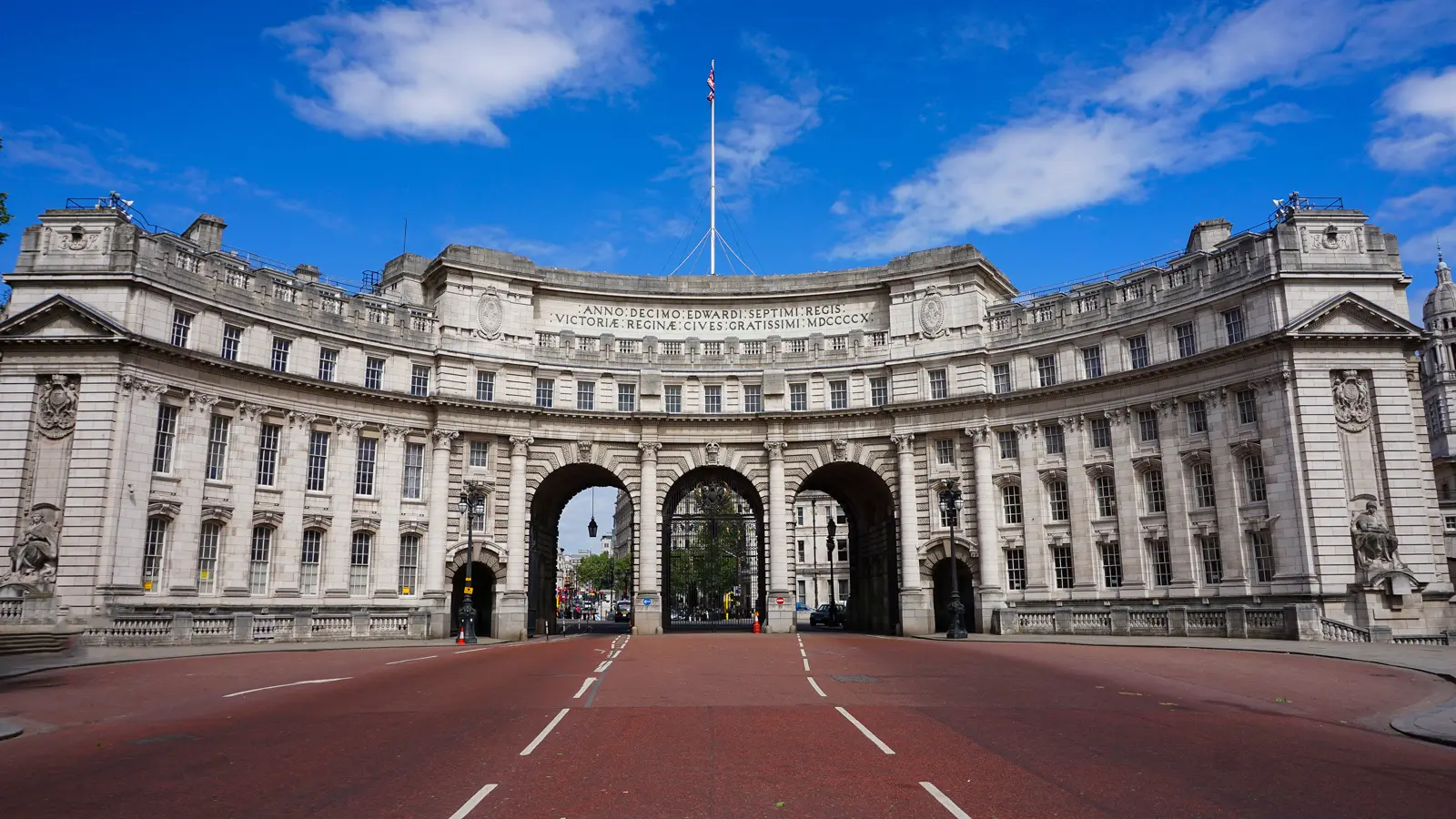 Admiralty Arch, the curved Portland stone gateway with three arches, marking the Trafalgar Square end of the Mall, London.