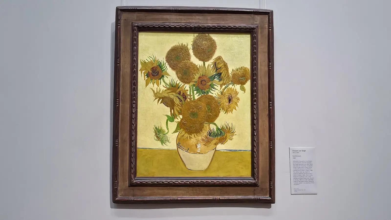 Van Gogh's Sunflowers, fifteen blooms in a pale earthenware vase against a yellow ground
