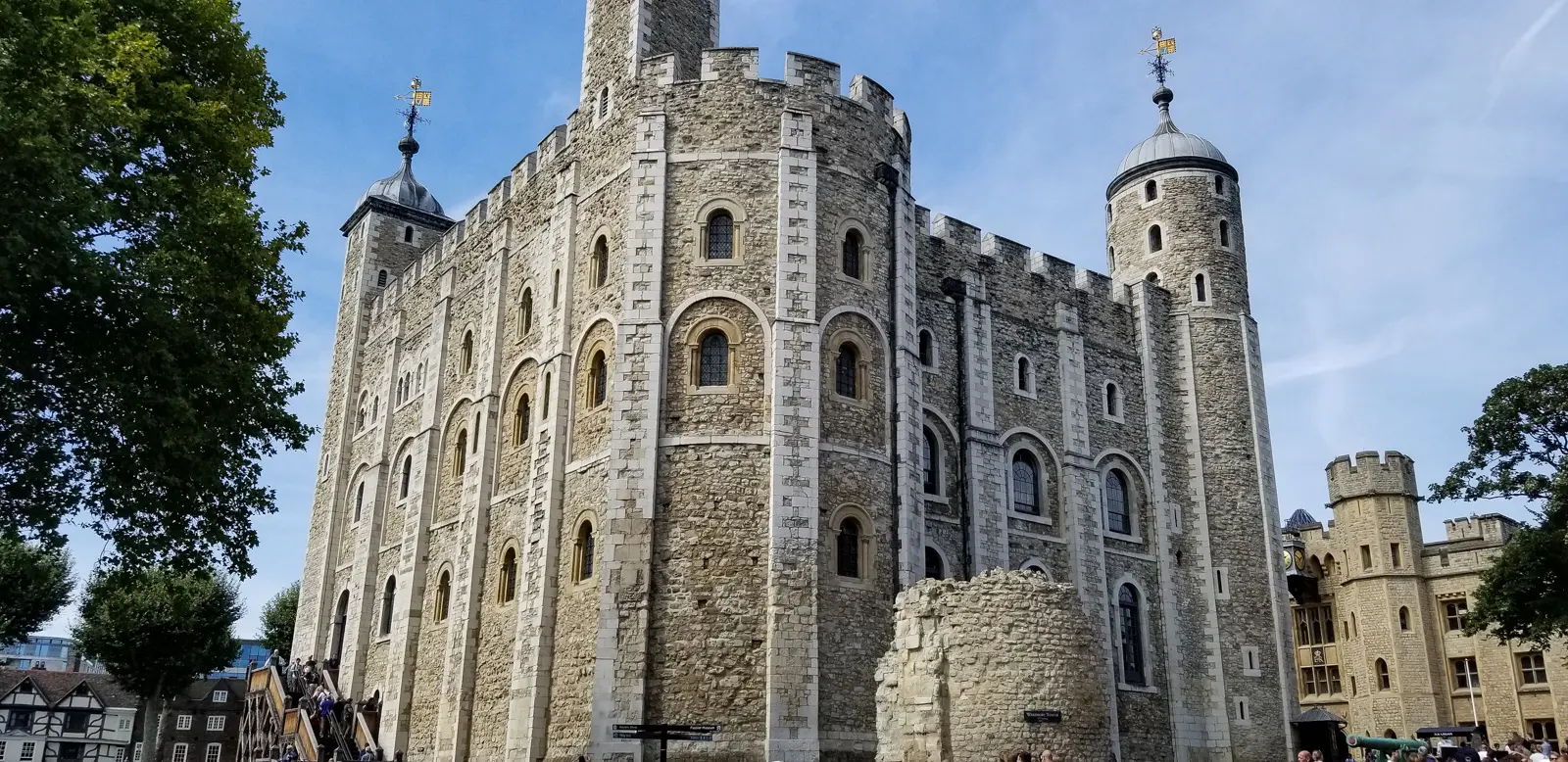 The White Tower at the Tower of London seen from below, with the ruined Wardrobe Tower at its base