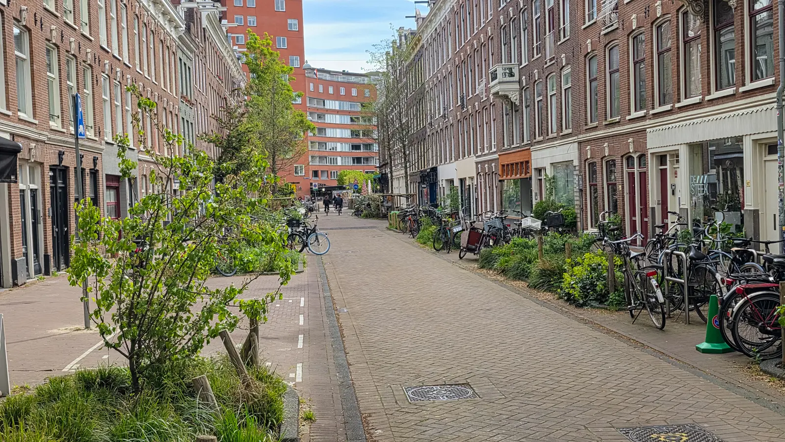 Eerste Jacob van Campenstraat in De Pijp, Amsterdam, with brick terraces, street trees and parked bicycles