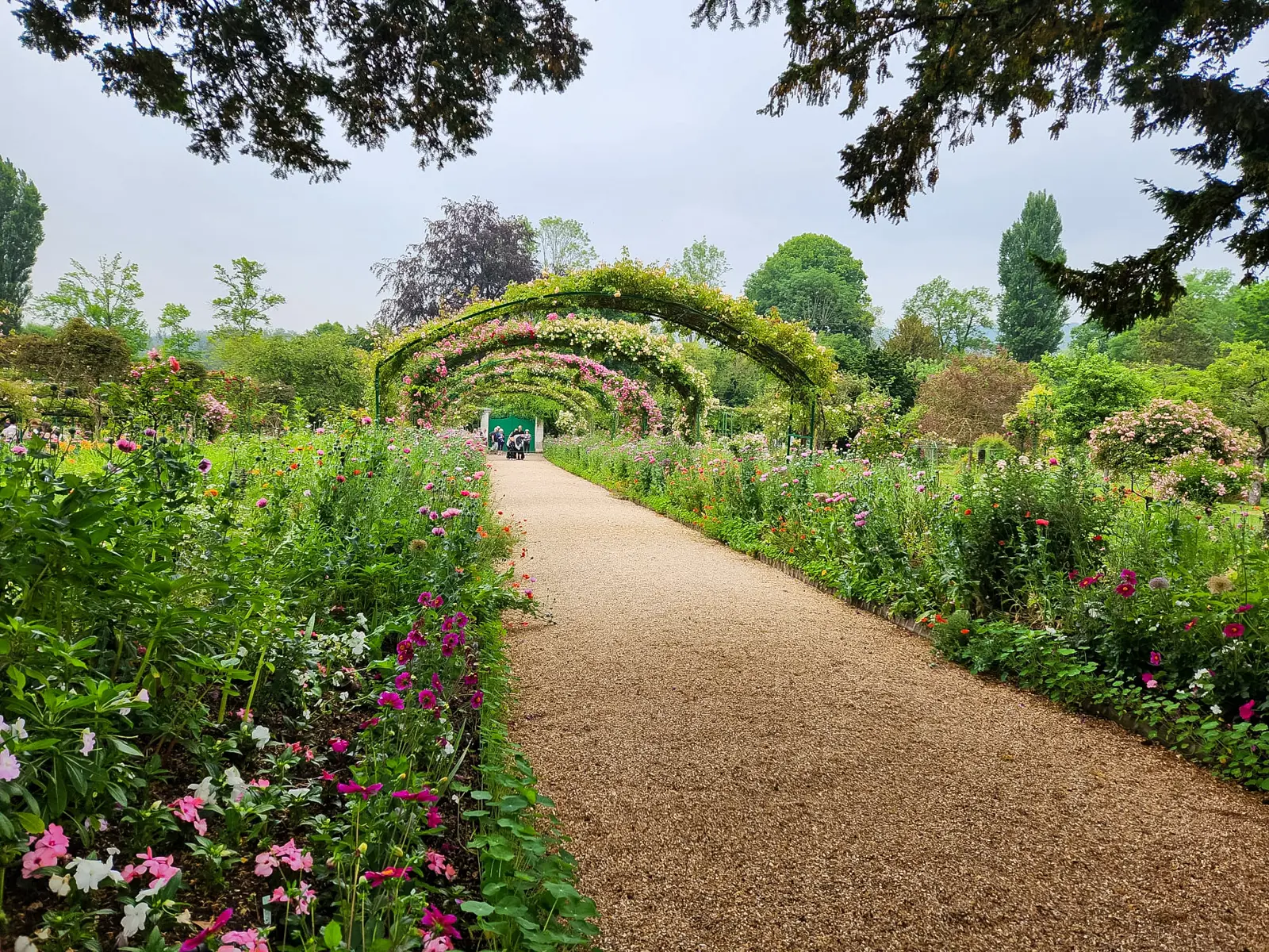 The Grande Allée at Giverny, a gravel path under rose-covered iron arches, flower beds either side and the green gate at the far end
