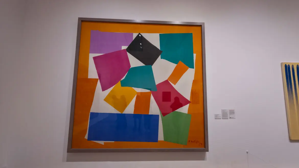 Henri Matisse’s The Snail (1953) at Tate Modern, London, cut and torn gouache paper arranged in a colour spiral on an orange ground