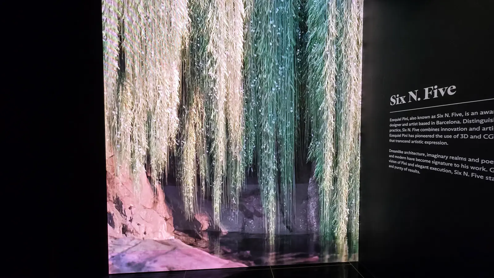 Six N. Five digital artwork at Moco Museum, hanging pale green fronds over dark water against pink rock, on a tall screen